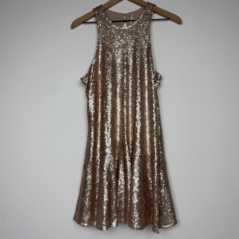 Free People Sequin Dress Womens Small Gold Sleeveless Swing Party Cocktail Mini